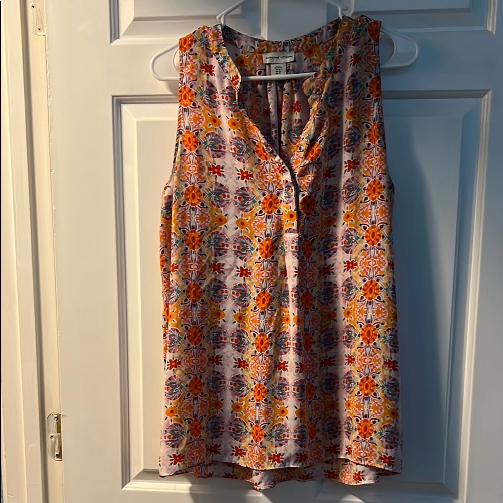 Adrienne Vittadini Orange Blue Sleeveless Blouse with Mandarin Collar
